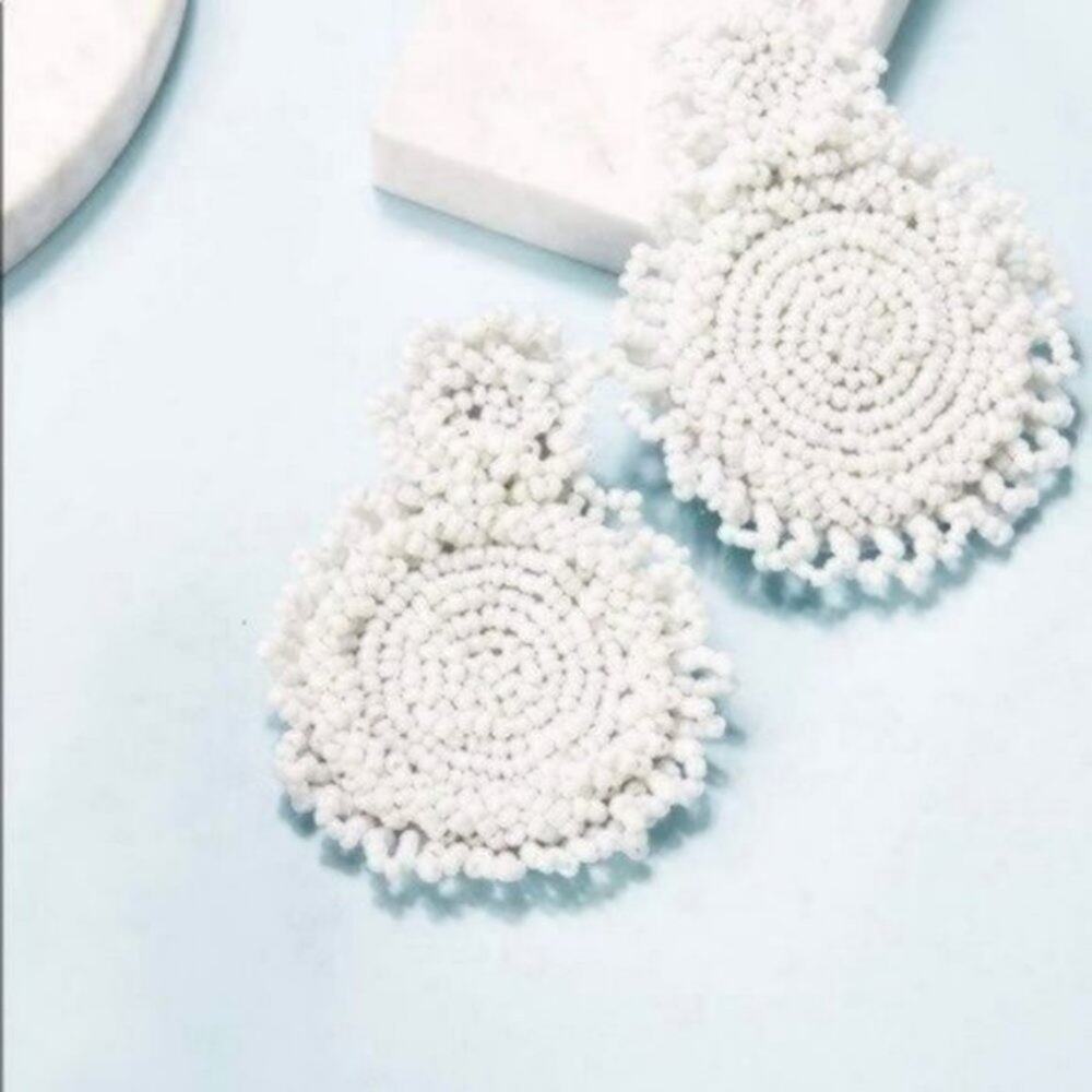 White Bohemian Beaded Round Earrings